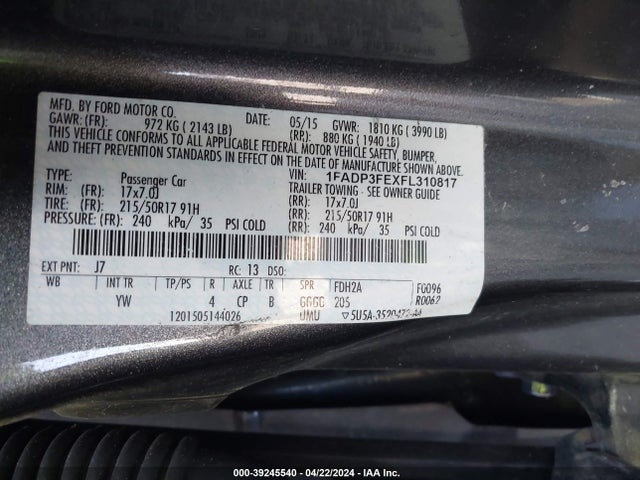 Ford FOCUS SE 2015 1FADP3FEXFL310817 Image 9