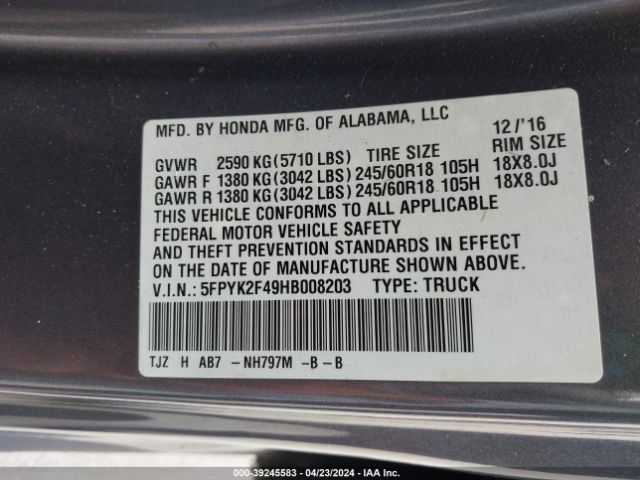 5FPYK2F49HB008203 Honda Ridgeline Rts