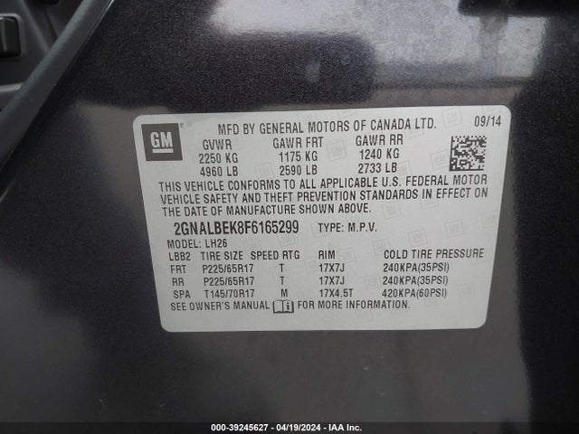Chevrolet EQUINOX 1LT 2015 2GNALBEK8F6165299 Image 9