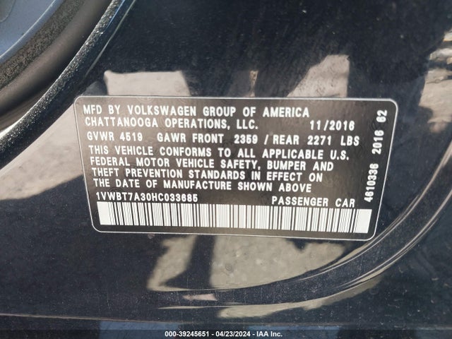 1VWBT7A30HC033685 Volkswagen Passat 1.8t Se