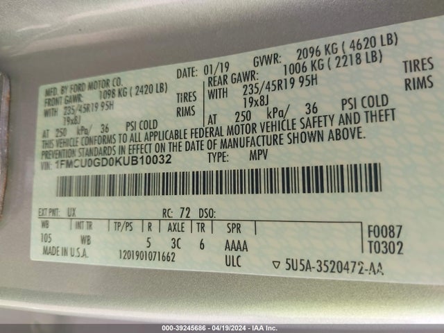 Ford ESCAPE SE 2019 1FMCU0GD0KUB10032 Image 9
