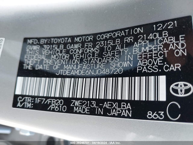 Toyota Corolla Hybrid Le 2022 JTDEAMDE6NJ048720 Image 9