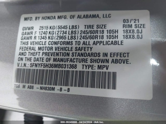 Honda Pilot 2wd Ex 2021 5FNYF5H36MB031368 Image 9