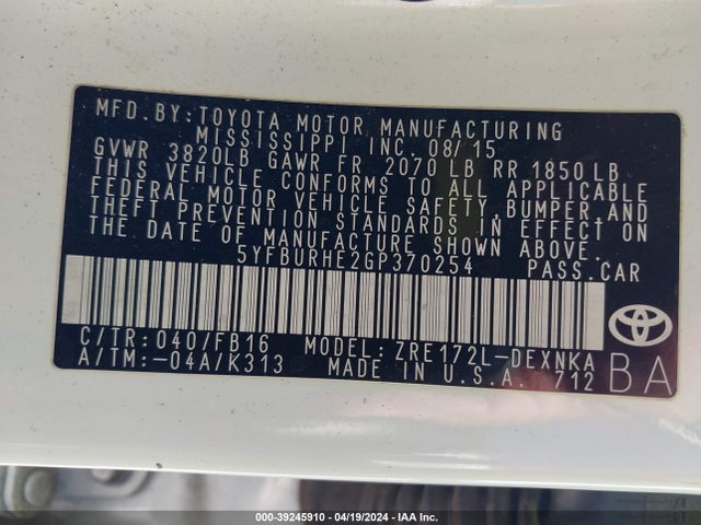 Toyota COROLLA LE 2016 5YFBURHE2GP370254 Image 9