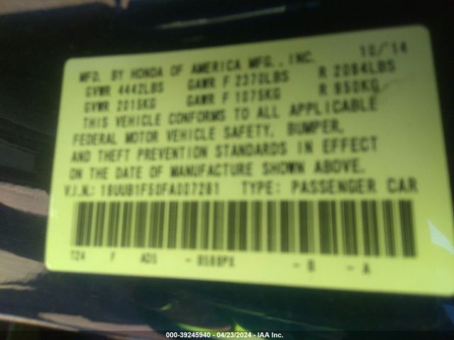 19UUB1F50FA007281 Acura TLX TECH