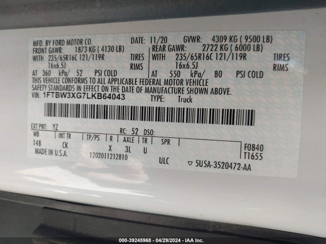 Ford Transit-350 Cargo Van 2020 1FTBW3XG7LKB64043 Image 9