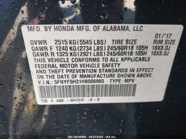 Honda Pilot Ex 2017 5FNYF5H31HB006965 Image 9