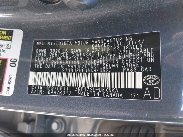 Toyota COROLLA LE 2017 2T1BURHE1HC840923 Image 9
