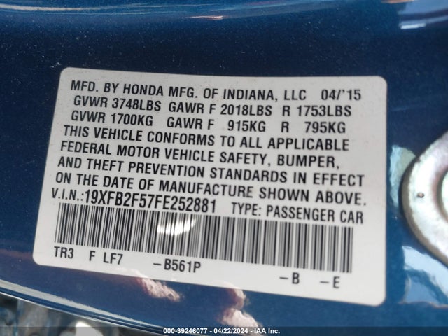 Honda Civic Lx 2015 19XFB2F57FE252881 Image 9