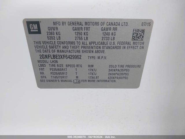 Chevrolet EQUINOX 1LT 2015 2GNFLBE3XF6429962 Image 9