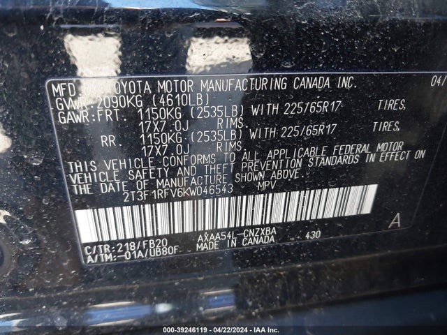 Toyota RAV4 LE 2019 2T3F1RFV6KW046543 Image 9
