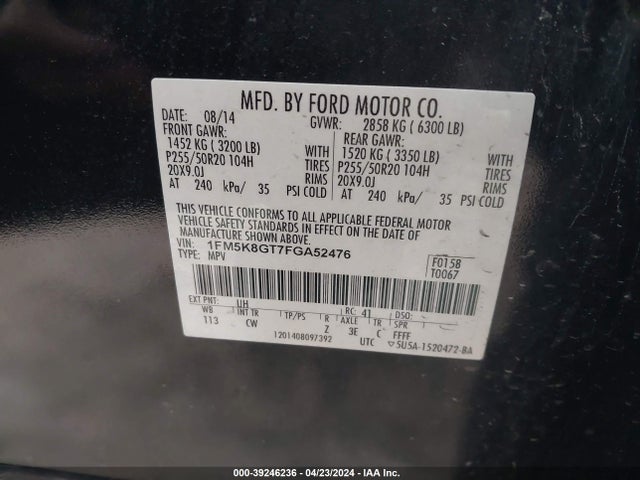 Ford EXPLORER SPORT 2015 1FM5K8GT7FGA52476 Image 9