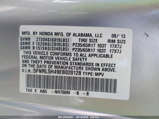 Honda ODYSSEY EX 2014 5FNRL5H49EB020128 Image 9