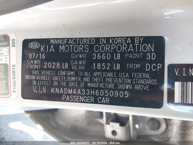 KIA RIO LX 2017 KNADM4A33H6050905 Image 9