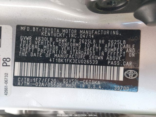 4T1BK1FK3EU026539 Toyota Camry Se V6