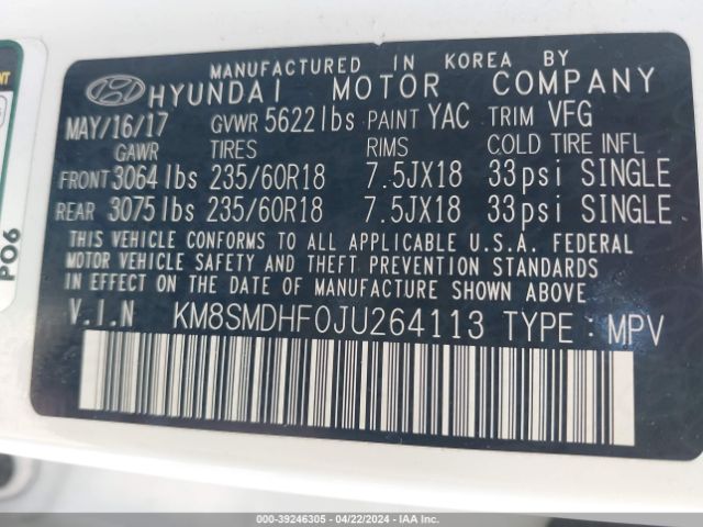 KM8SMDHF0JU264113 Hyundai Santa Fe Se