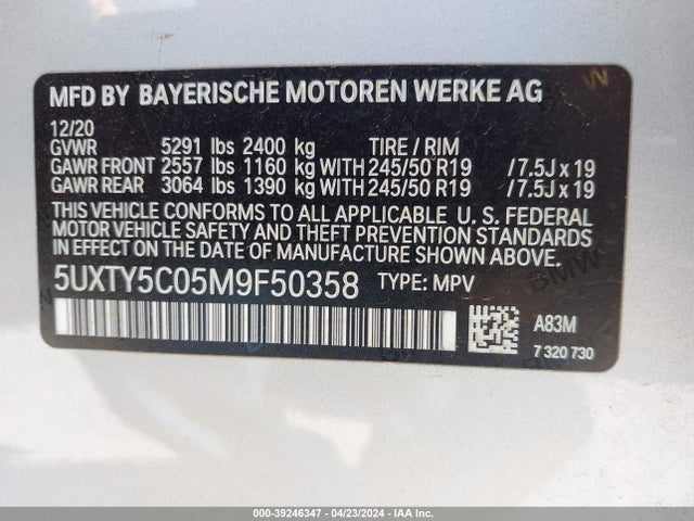 BMW X3 Xdrive30i 2021 5UXTY5C05M9F50358 Image 9