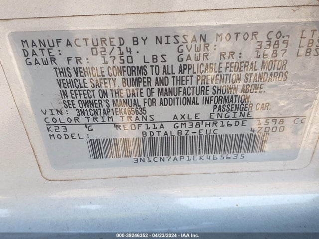 Nissan Versa 1.6 Sv 2014 3N1CN7AP1EK465635 Image 9
