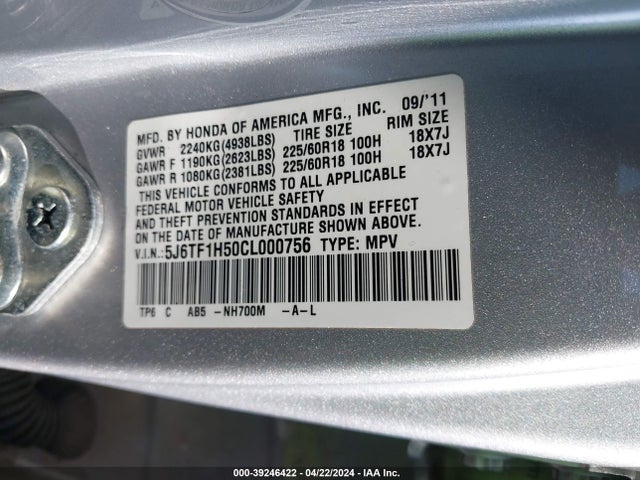 Aukcja sprzedaży 2012 Honda Crosstour Ex-l, vin: 5J6TF1H50CL000756, numer aukcji: 39246422