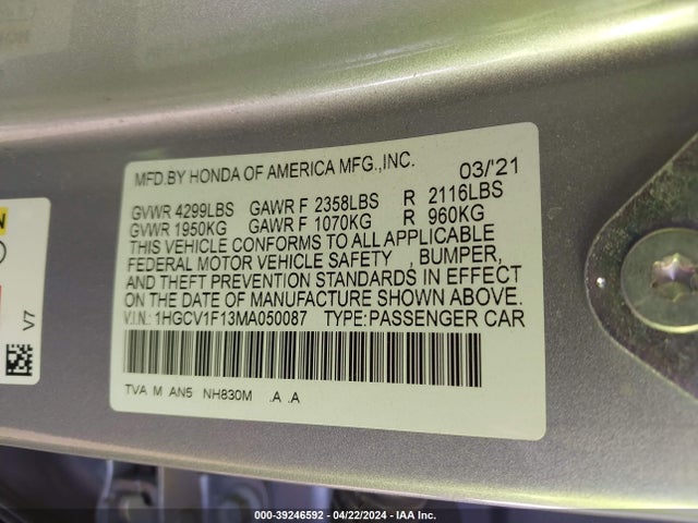 Honda ACCORD LX 2021 1HGCV1F13MA050087 Image 9