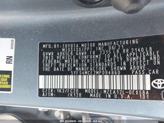 Toyota COROLLA SE 2021 5YFS4MCE2MP094860 Image 9