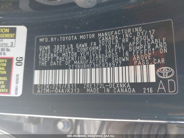 Toyota COROLLA LE 2017 2T1BURHE3HC838977 Image 9