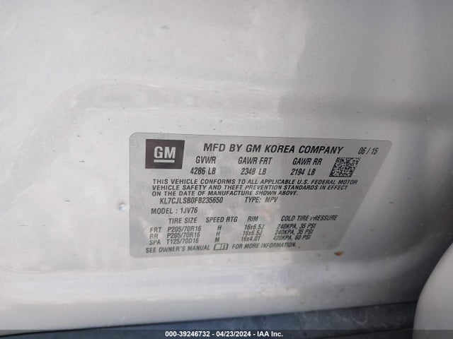 Chevrolet Trax Lt 2015 KL7CJLSB0FB235650 Image 9