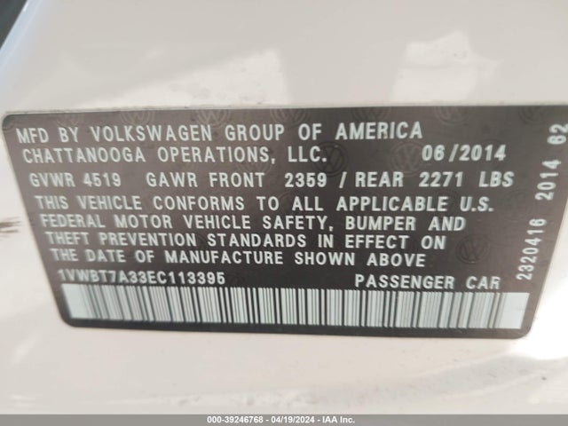 1VWBT7A33EC113395 Volkswagen Passat 1.8t Se