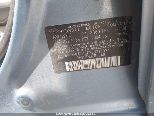 Aukcja sprzedaży 2007 Hyundai Elantra Gls/limited/se, vin: KMHDU46DX7U211924, numer aukcji: 39246777