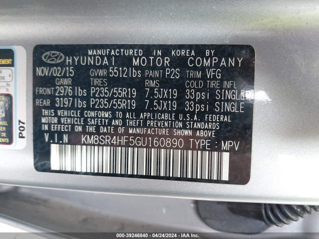 Hyundai Santa Fe Limited 2016 KM8SR4HF5GU160890 Image 9