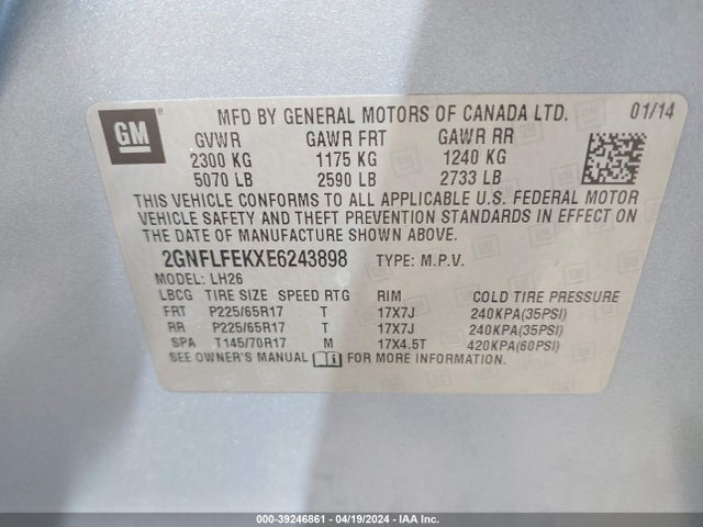 Chevrolet EQUINOX 1LT 2014 2GNFLFEKXE6243898 Image 9