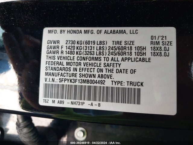 Honda Ridgeline Awd Sport 2021 5FPYK3F13MB004492 Image 9
