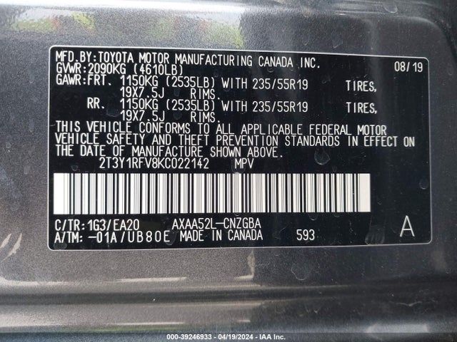 Toyota Rav4 Limited 2019 2T3Y1RFV8KC022142 Image 9