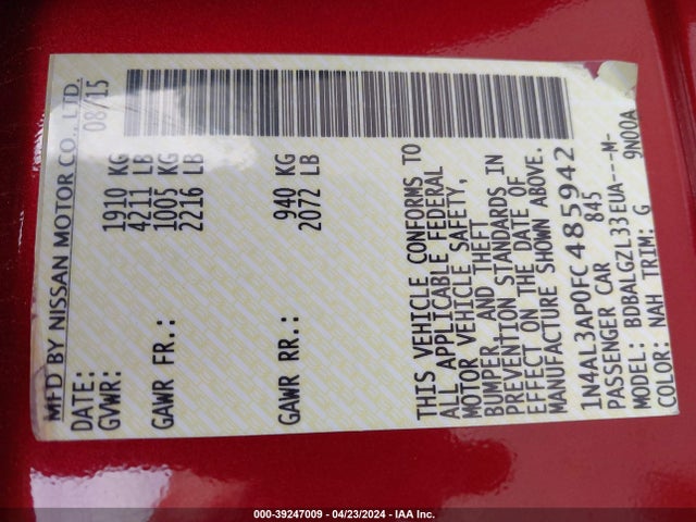 Nissan Altima 2.5 S 2015 1N4AL3AP0FC485942 Image 9