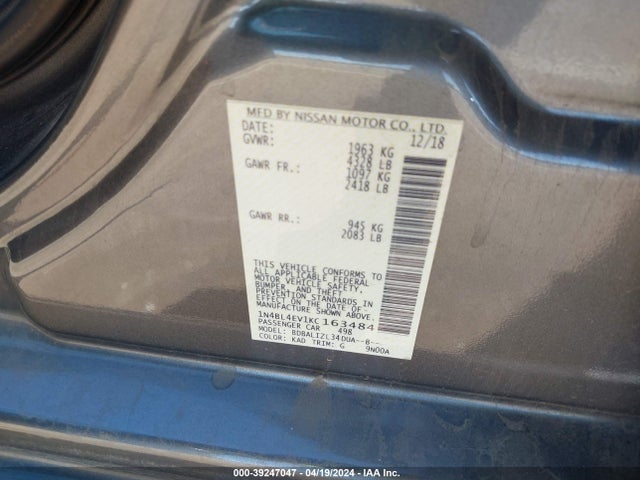 Nissan Altima 2.5 Sl 2019 1N4BL4EV1KC163484 Image 9