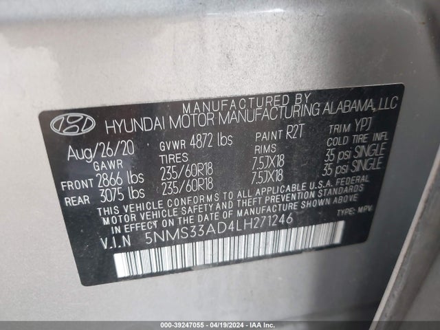Hyundai Santa Fe Sel 2020 5NMS33AD4LH271246 Image 9