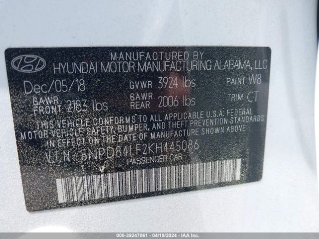 5NPD84LF2KH445086 Hyundai ELANTRA SEL