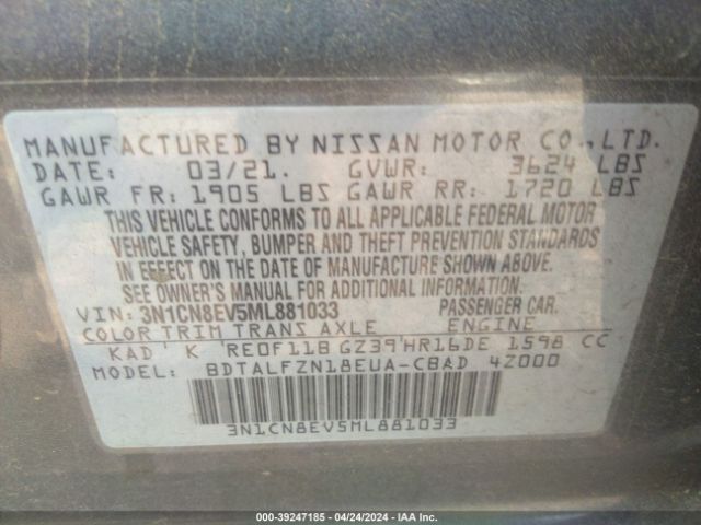 3N1CN8EV5ML881033 Nissan Versa Sv Xtronic Cvt
