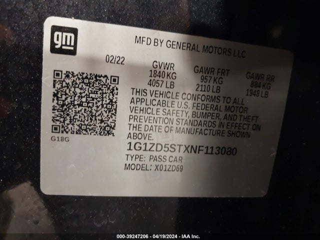 1G1ZD5STXNF113080 Chevrolet Malibu Fwd Lt
