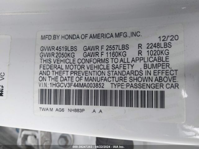 1HGCV3F44MA003852 Honda Accord Hybrid Ex