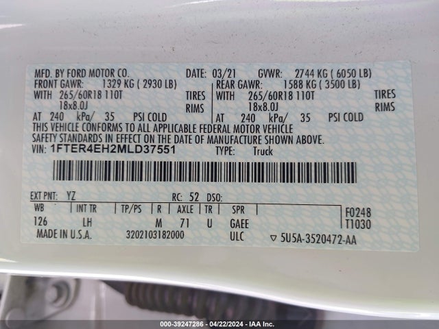 Ford RANGER XL 2021 1FTER4EH2MLD37551 Image 9