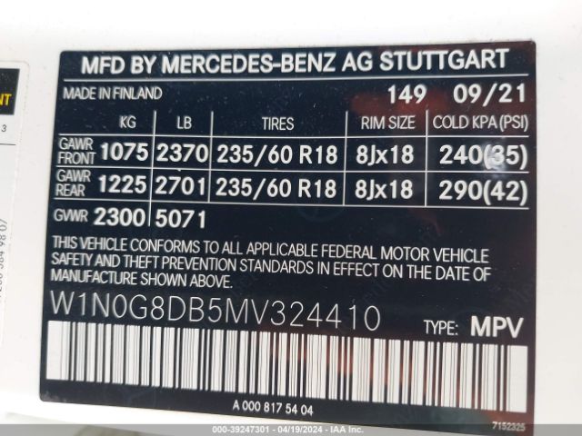 W1N0G8DB5MV324410 Mercedes-Benz Glc 300 Suv