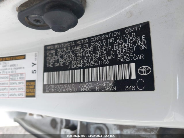 Toyota Prius Two 2017 JTDKBRFU8H3561056 Image 9