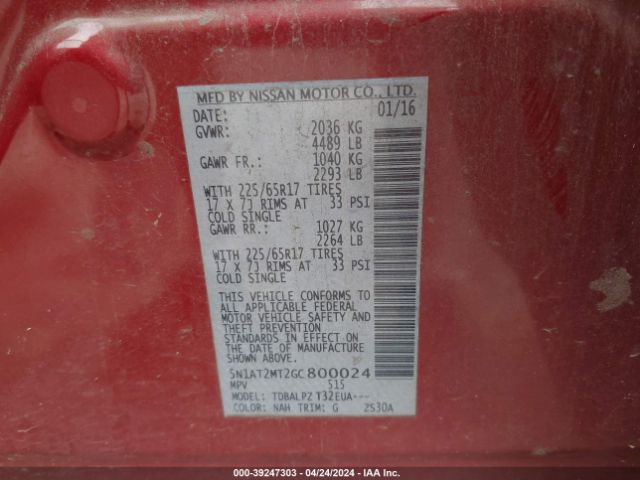 5N1AT2MT2GC800024 Nissan Rogue S/sl/sv