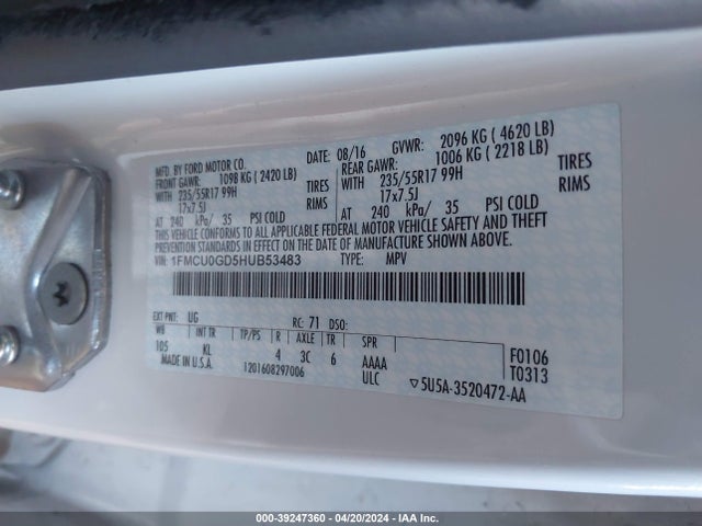 Ford ESCAPE SE 2017 1FMCU0GD5HUB53483 Image 9