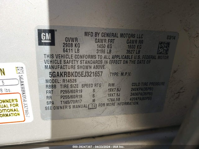 Buick Enclave Leather 2014 5GAKRBKD5EJ321657 Image 9