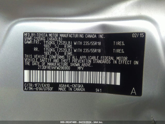 Toyota Rav4 Limited 2015 2T3DFREV4FW296900 Image 9