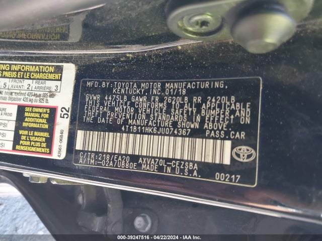 Toyota CAMRY SE 2018 4T1B11HK6JU074367 Image 9