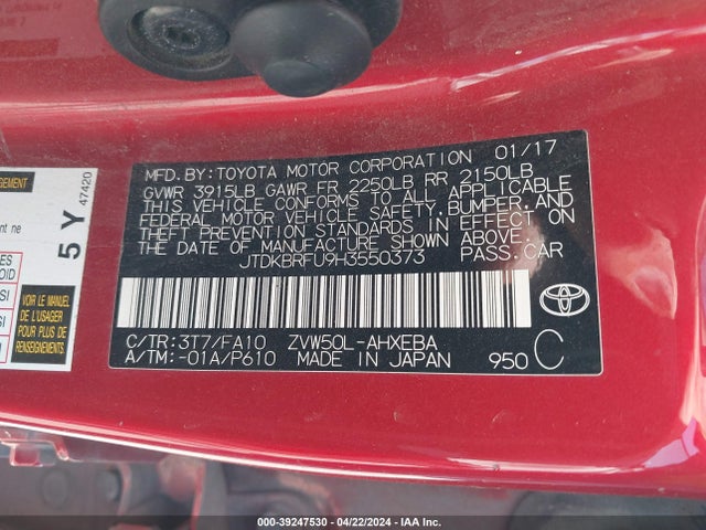 Toyota Prius Two 2017 JTDKBRFU9H3550373 Image 9