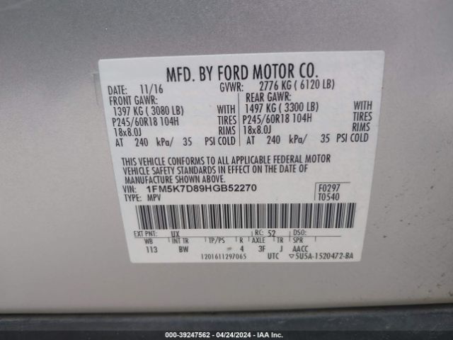 1FM5K7D89HGB52270 Ford EXPLORER XLT